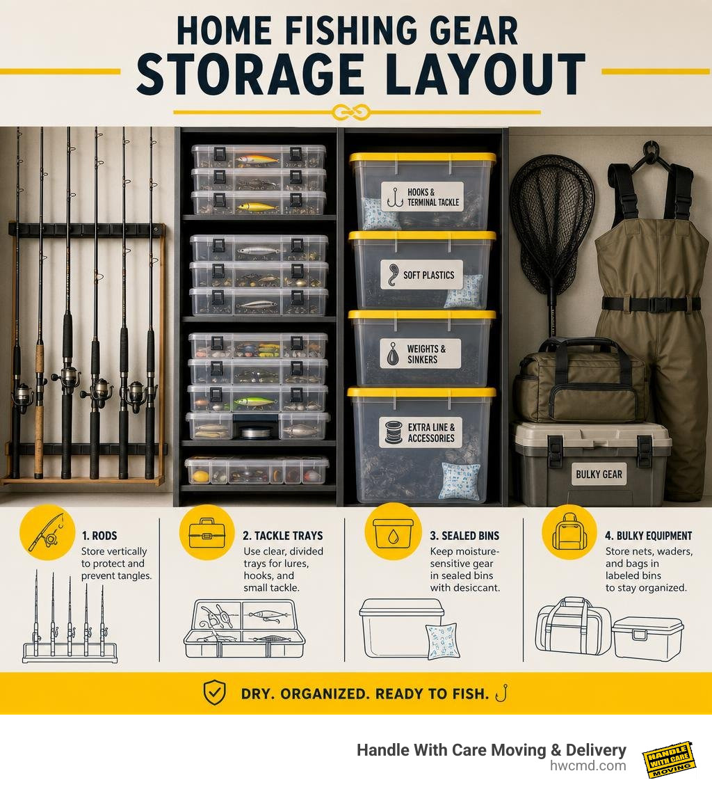 Home fishing gear storage layout: rods, tackle trays, sealed bins, and bulky equipment infographic