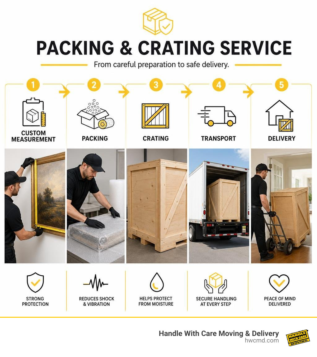 Packing and crating service infographic showing custom measurement, packing, crating, transport, and delivery infographic