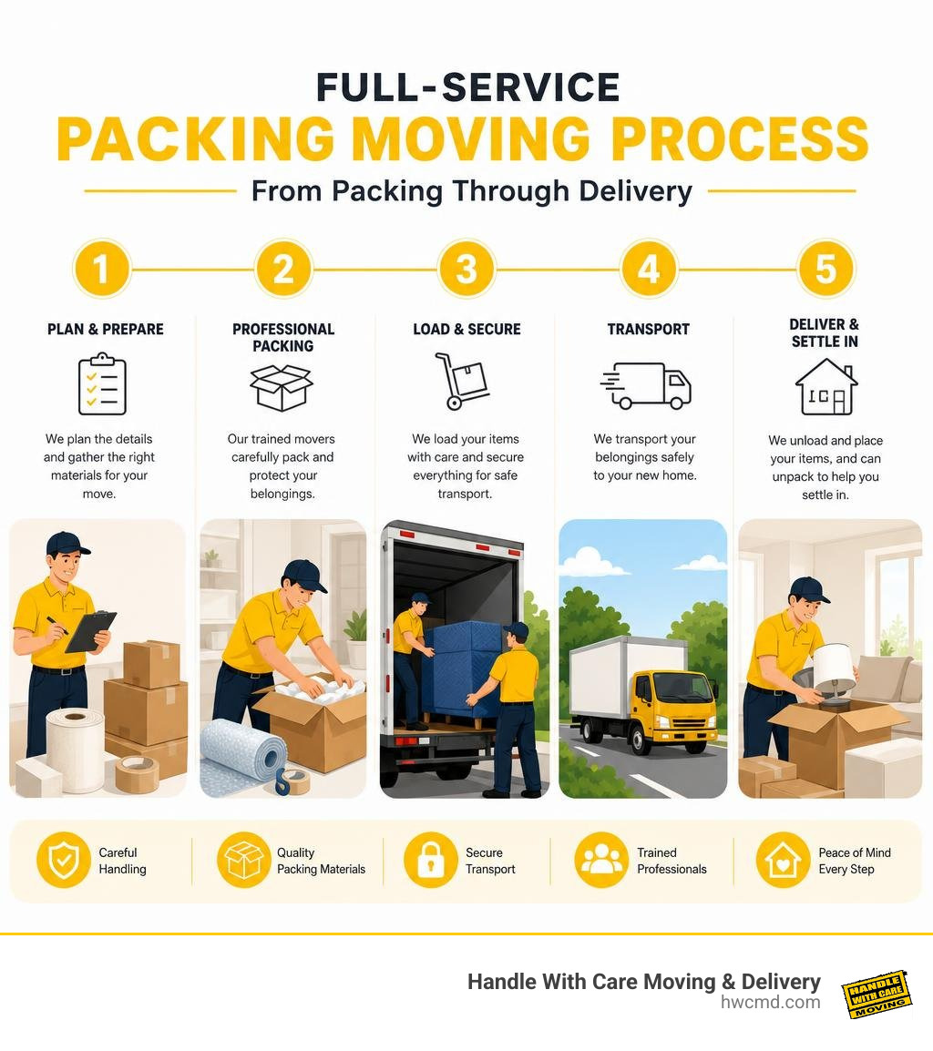 Full-service packing moving process from packing through delivery infographic Full-service packing moving process from packing through delivery infographic