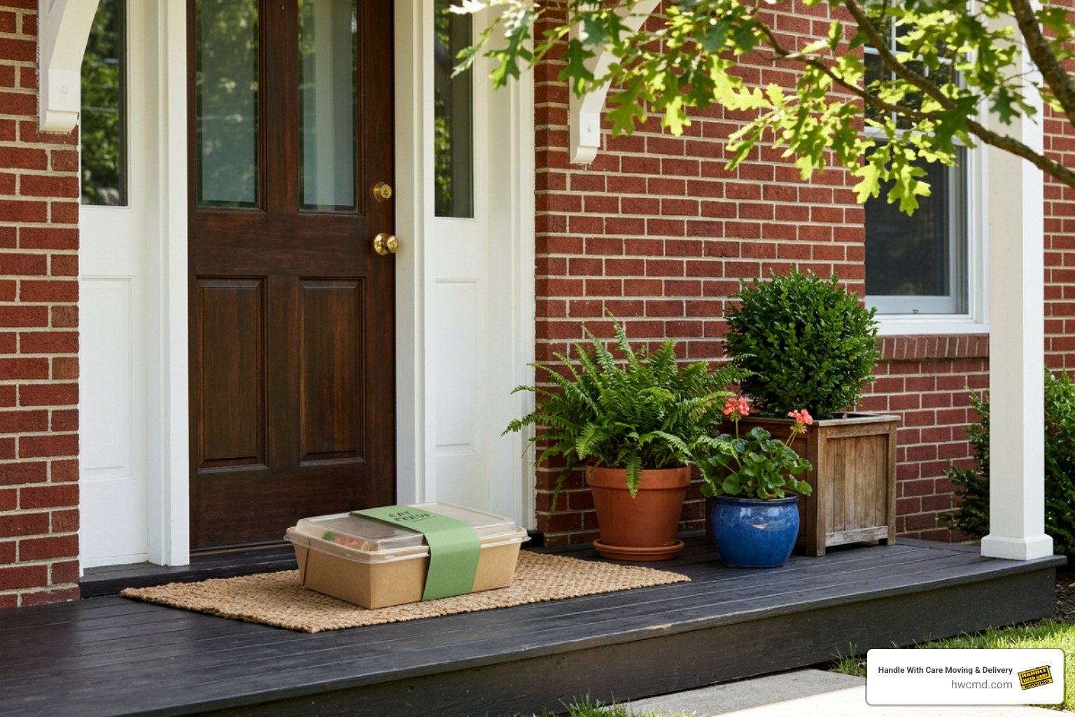 Fresh farm-to-table meal delivery container placed on an Ann Arbor front porch Fresh farm-to-table meal delivery container placed on an Ann Arbor front porch