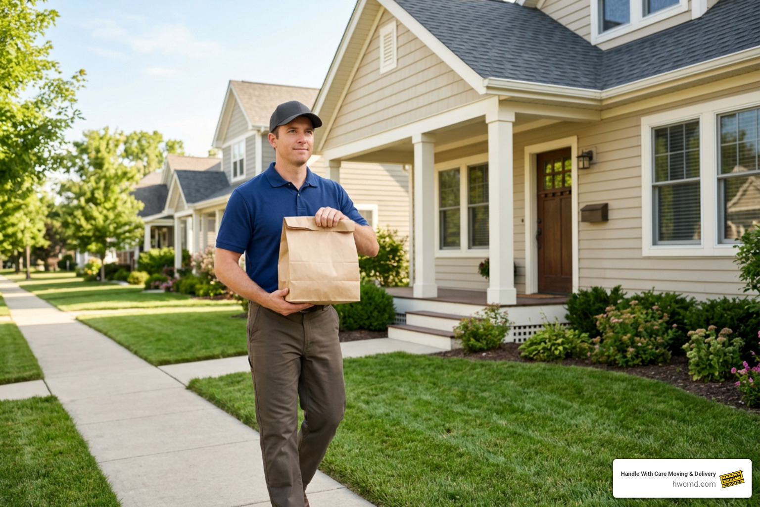 Delivery courier bringing packaged meal bag to a client's residential front door Delivery courier bringing packaged meal bag to a client's residential front door