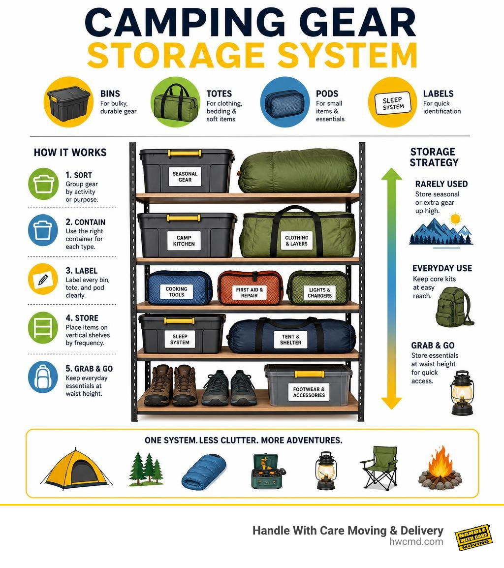 Camping gear storage system with bins totes pods labels and vertical shelving infographic Camping gear storage system with bins totes pods labels and vertical shelving infographic
