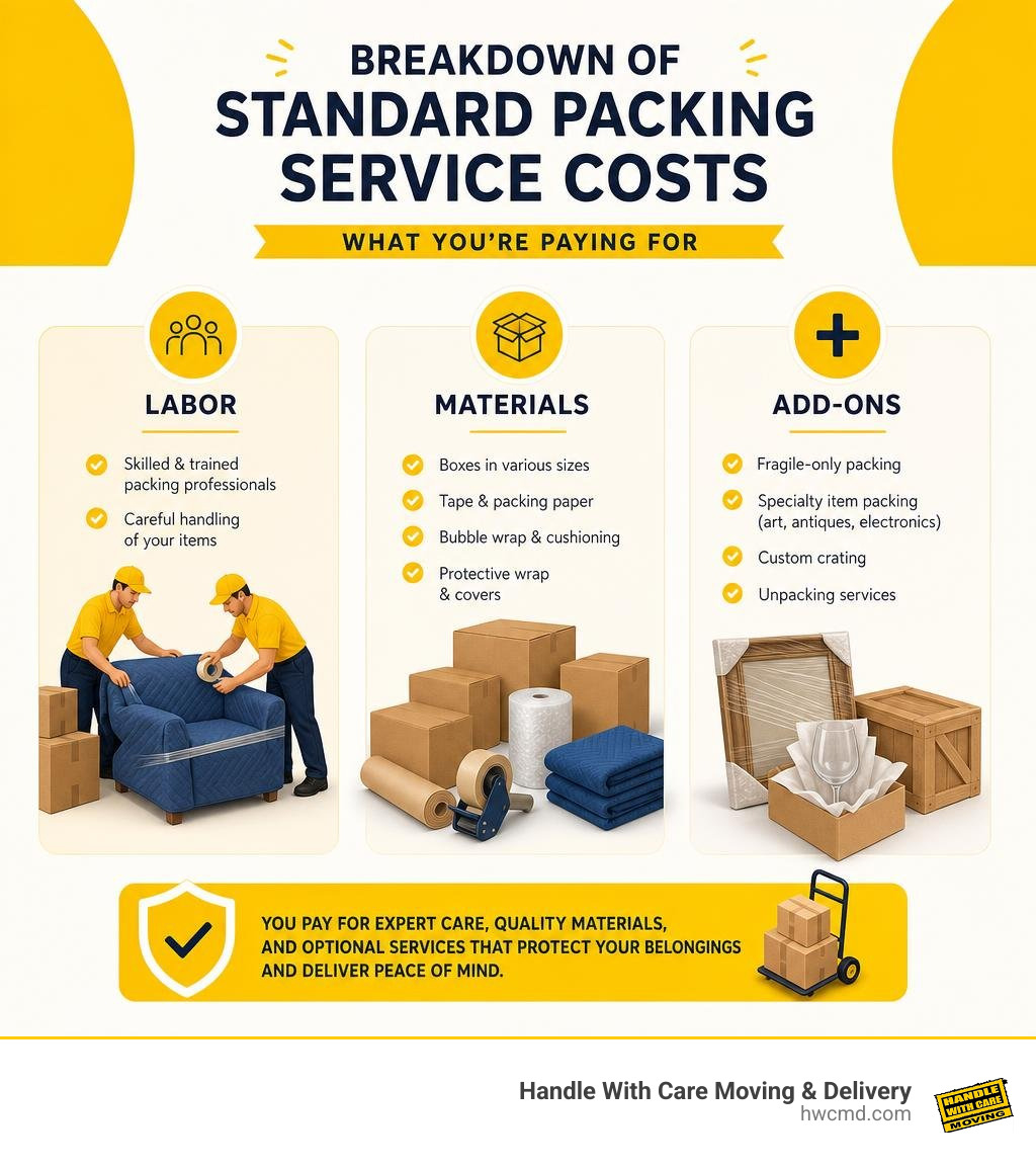 Breakdown of standard packing service costs including labor material and add-ons infographic Breakdown of standard packing service costs including labor material and add-ons infographic