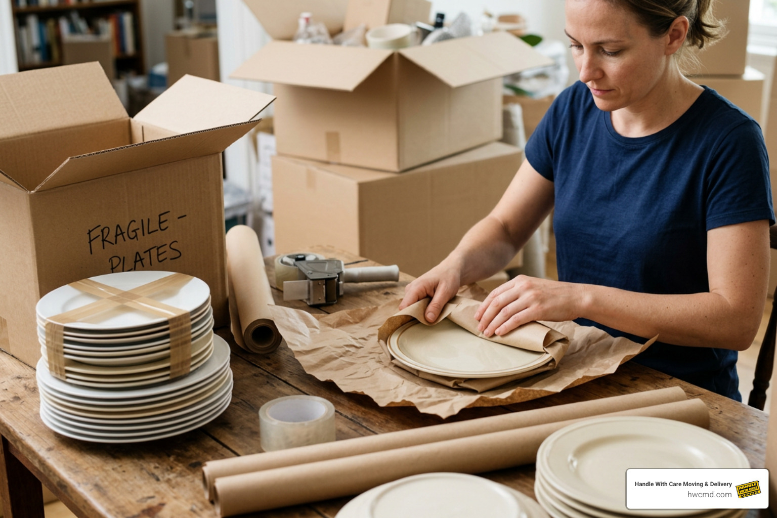 Wrapping individual ceramic plates securely in packing paper Wrapping individual ceramic plates securely in packing paper