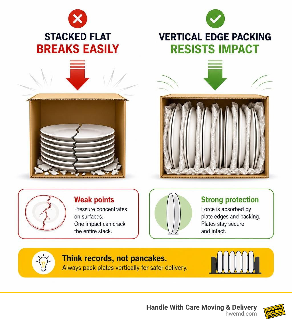 Comparison showing flat stacked plates breaking versus vertical edge packing resisting impact infographic Comparison showing flat stacked plates breaking versus vertical edge packing resisting impact infographic