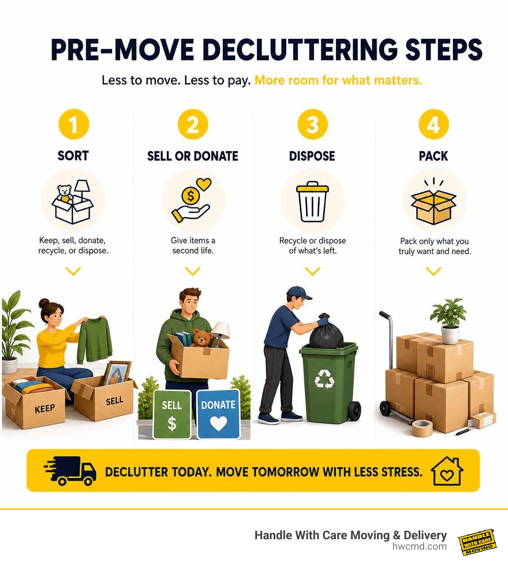 Pre-move decluttering steps: sort, sell or donate, dispose, then pack infographic Pre-move decluttering steps: sort, sell or donate, dispose, then pack infographic