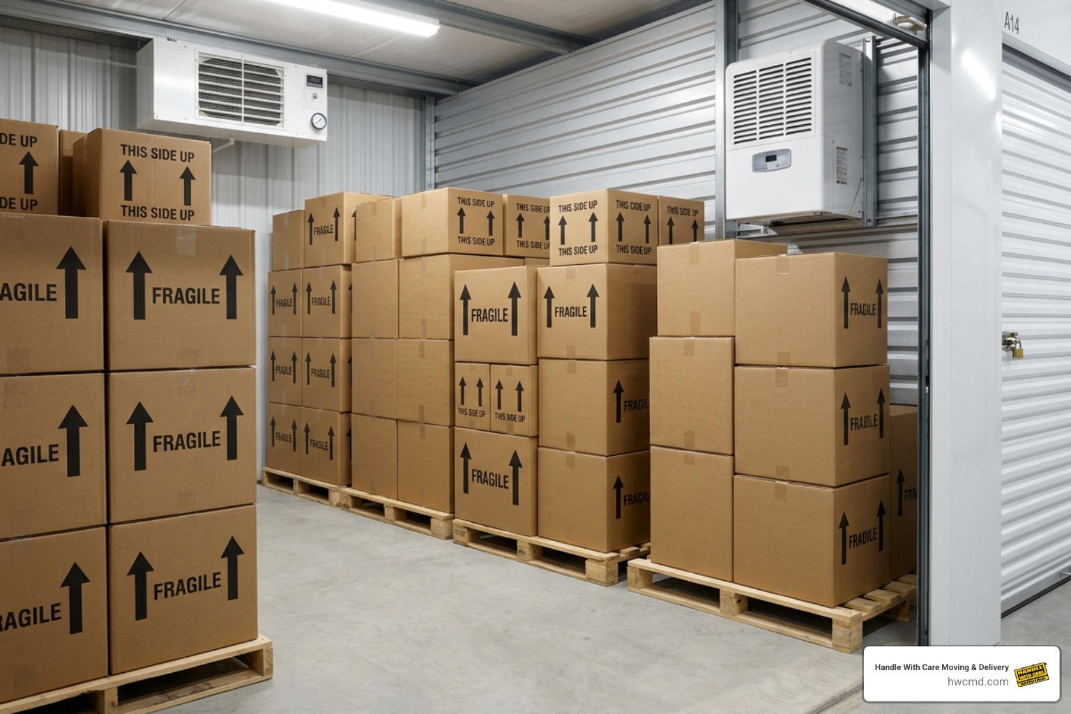 organized storage unit with stacked boxes