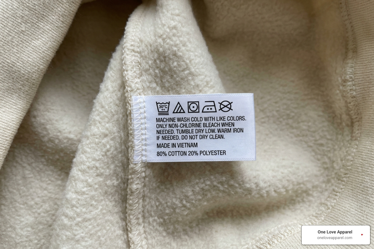 care tag label on inside seam of soft hoodie