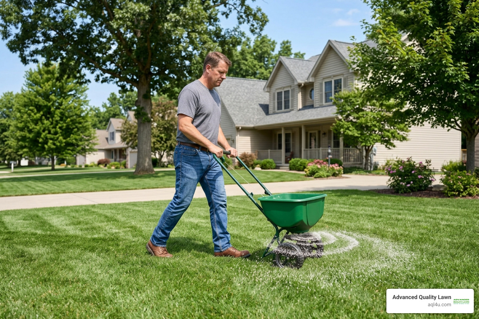 Broadcasting fertilizer evenly across a lush green lawn