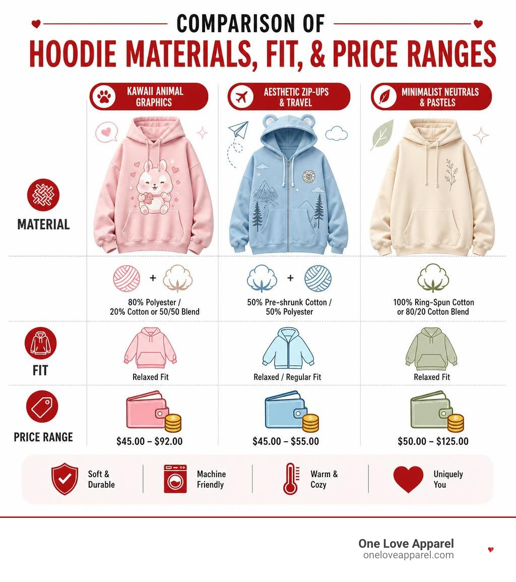 Comparison of Hoodie Materials, Fit, and Price Ranges infographic