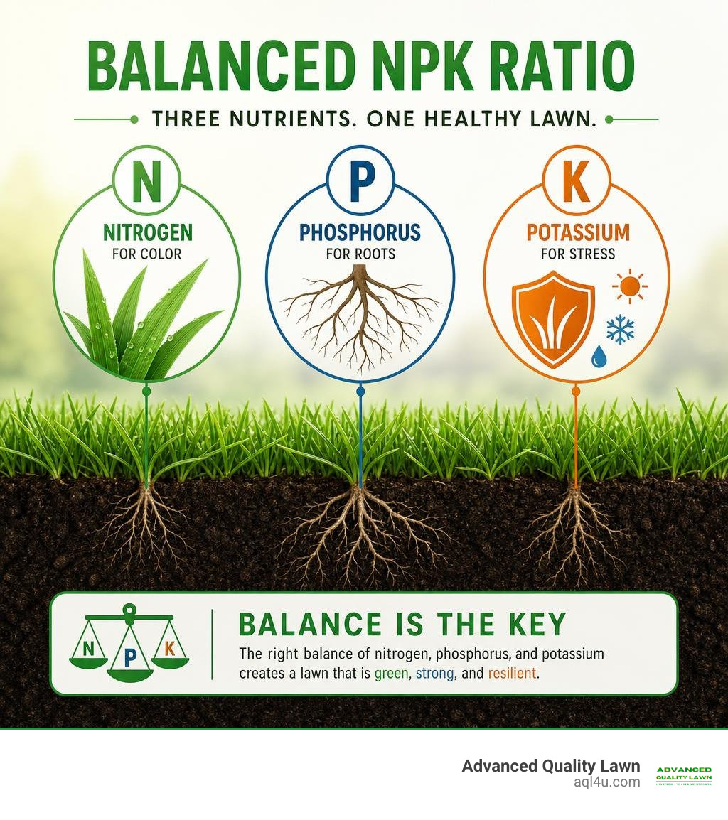 Balanced NPK ratio showing nitrogen for color, phosphorus for roots, and potassium for stress infographic