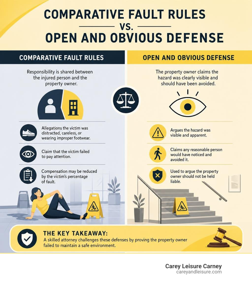 Comparative fault rules vs. open and obvious defense infographic