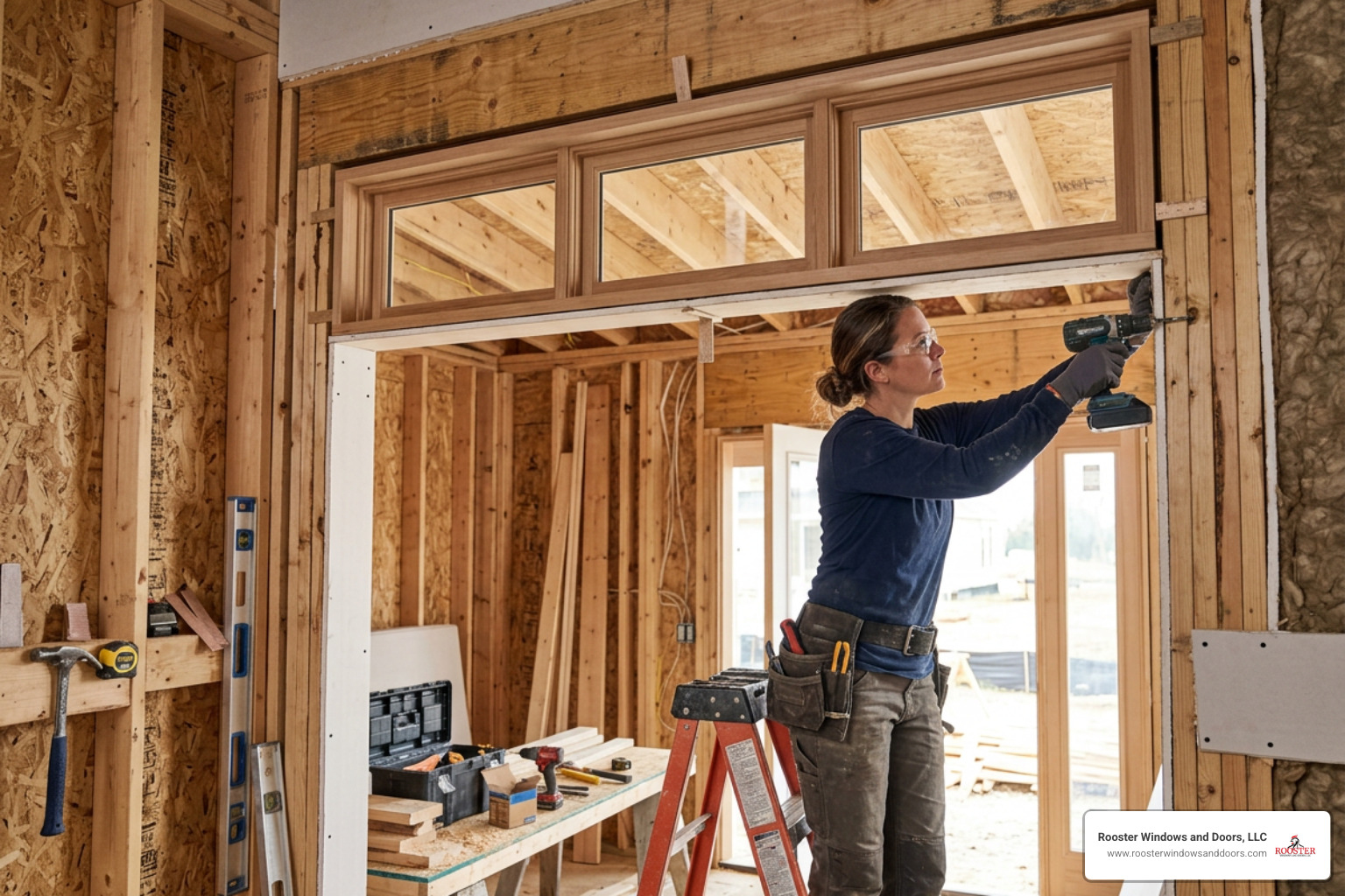 Craftsman installing custom pre-jambed transom window unit Craftsman installing custom pre-jambed transom window unit
