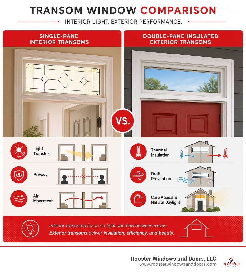 Comparison of single-pane interior transoms and double-pane insulated exterior transoms infographic Comparison of single-pane interior transoms and double-pane insulated exterior transoms infographic