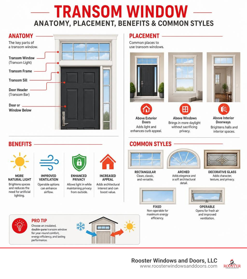 Transom window anatomy, placement, benefits, and common styles infographic Transom window anatomy, placement, benefits, and common styles infographic