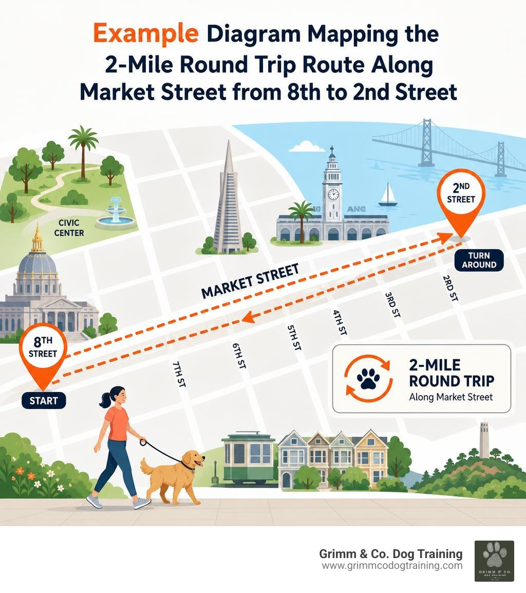 Diagram mapping the 2-mile round trip route along Market Street from 8th to 2nd Street Diagram mapping the 2-mile round trip route along Market Street from 8th to 2nd Street