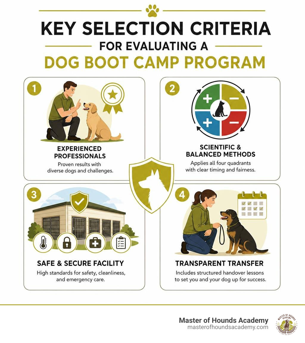 Key selection criteria for evaluating a dog boot camp program infographic Key selection criteria for evaluating a dog boot camp program infographic
