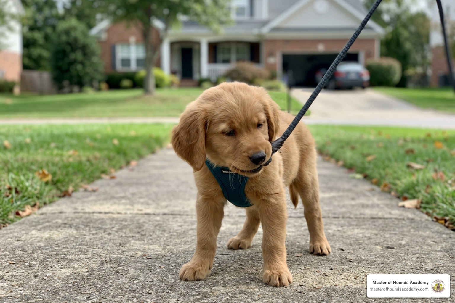 overtired 8 week puppy exhibiting mouthing behavior on leash
