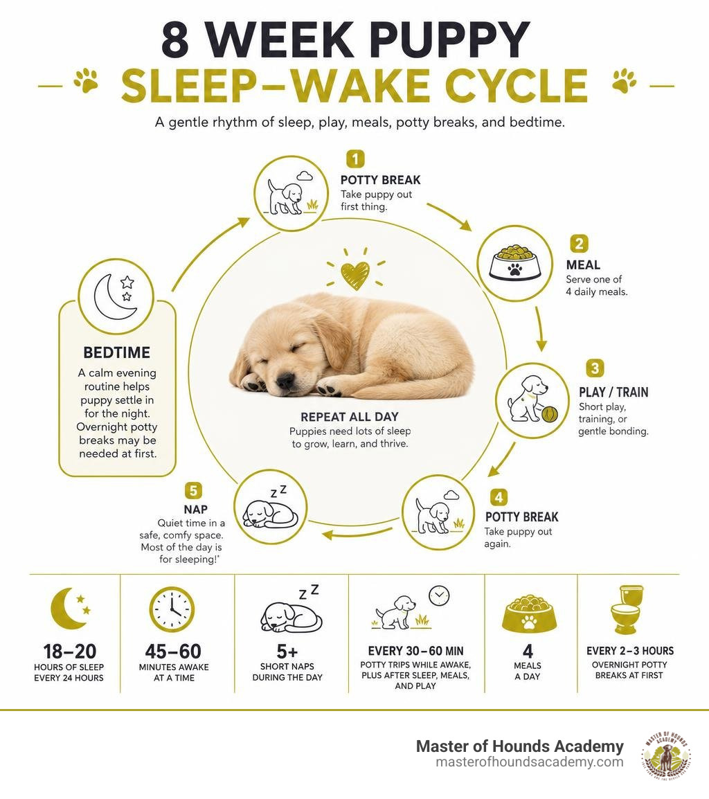 8 week puppy sleep wake cycle with naps meals potty breaks and bedtime infographic