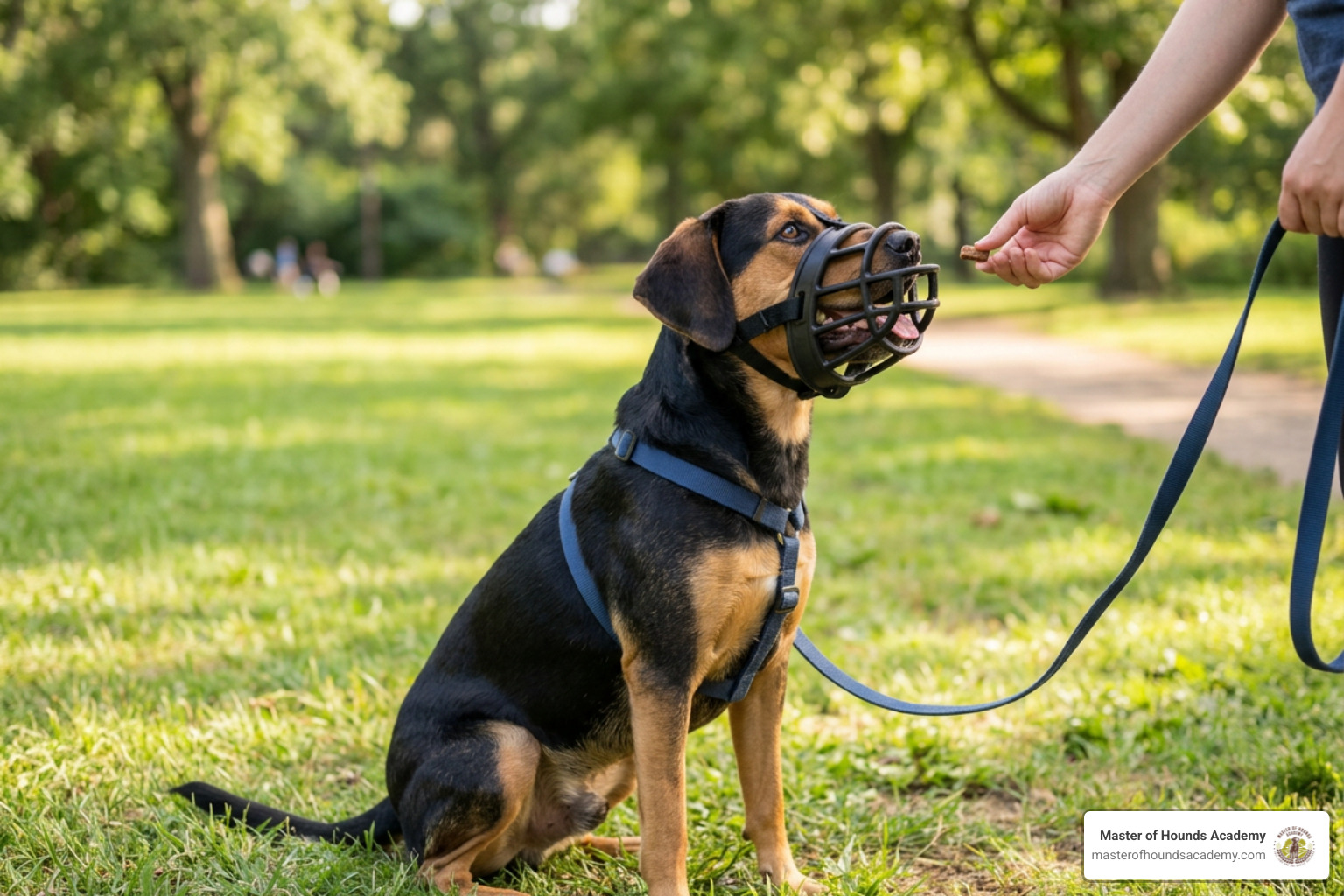 a dog comfortably wearing a fitted basket muzzle during training