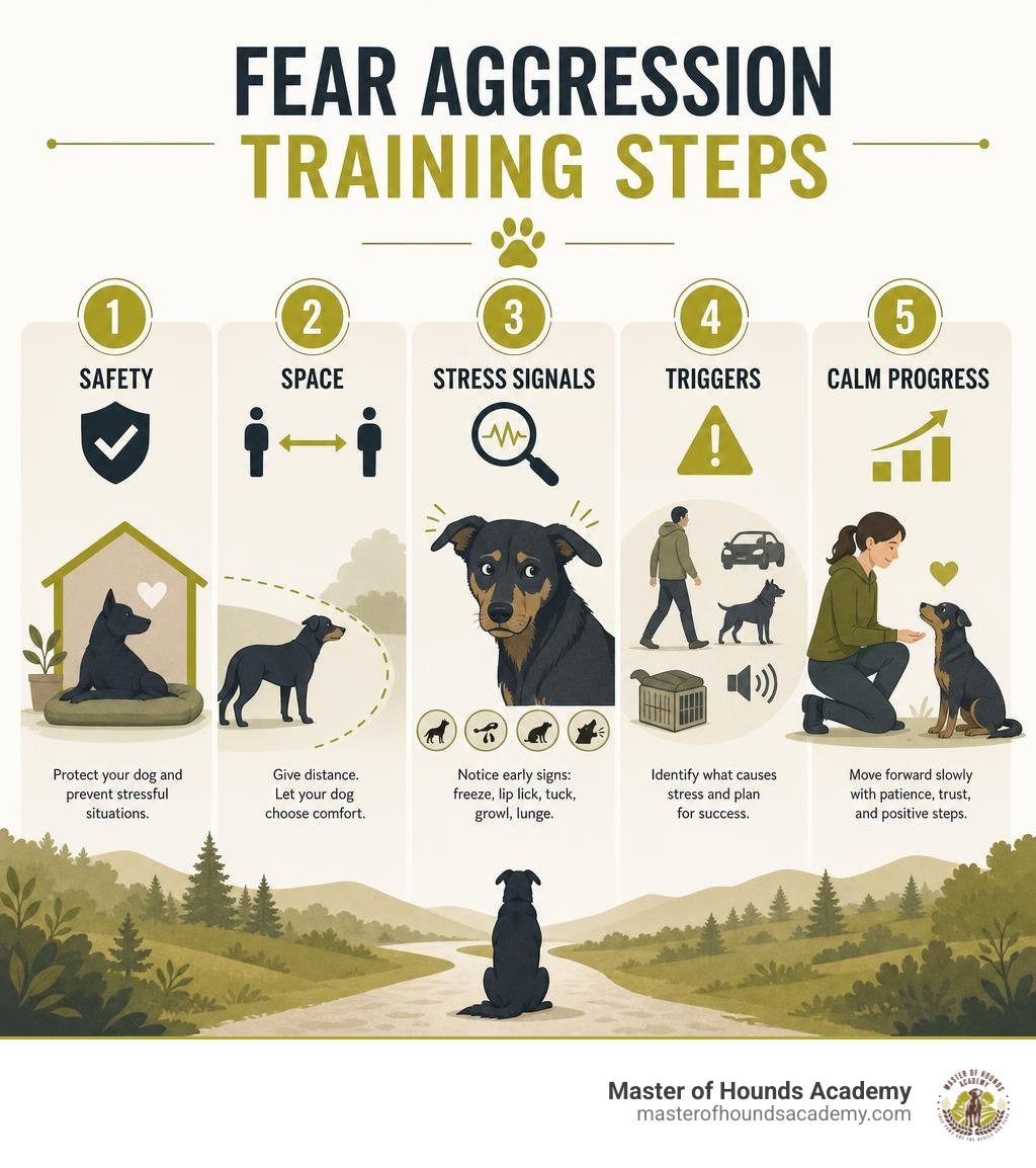 Fear aggression training steps: safety, space, stress signals, triggers, calm progress infographic
