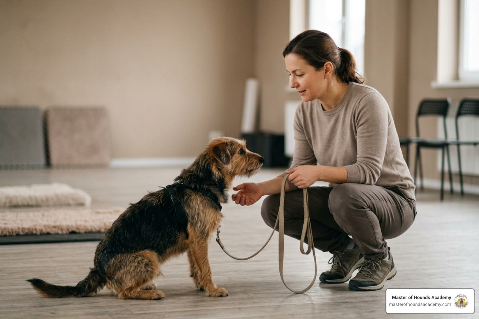 Professional trainer guiding an anxious dog with calm leash work