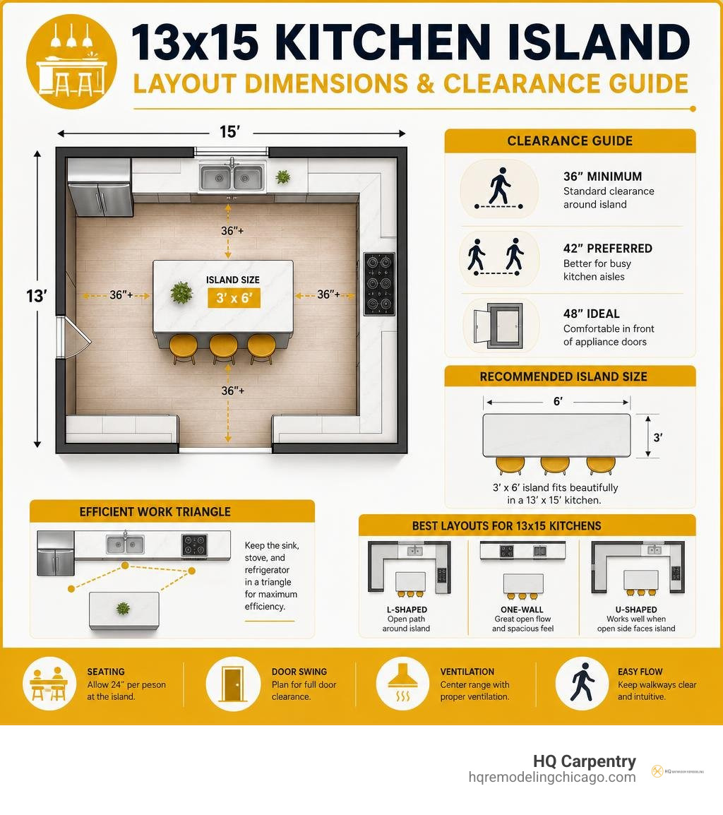 13x15 kitchen island layout dimensions and clearance guide infographic