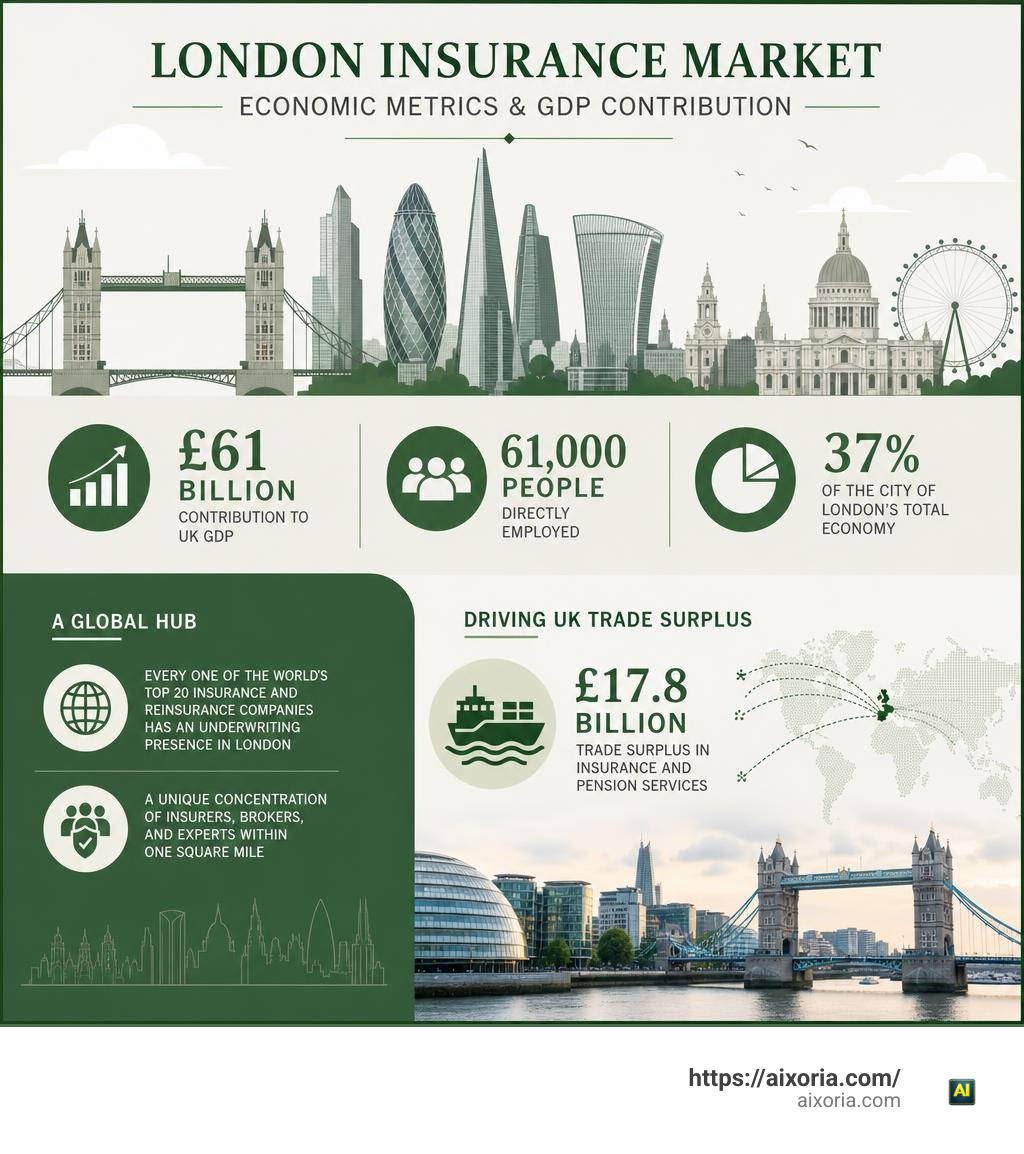 London insurance market economic metrics and GDP contribution infographic