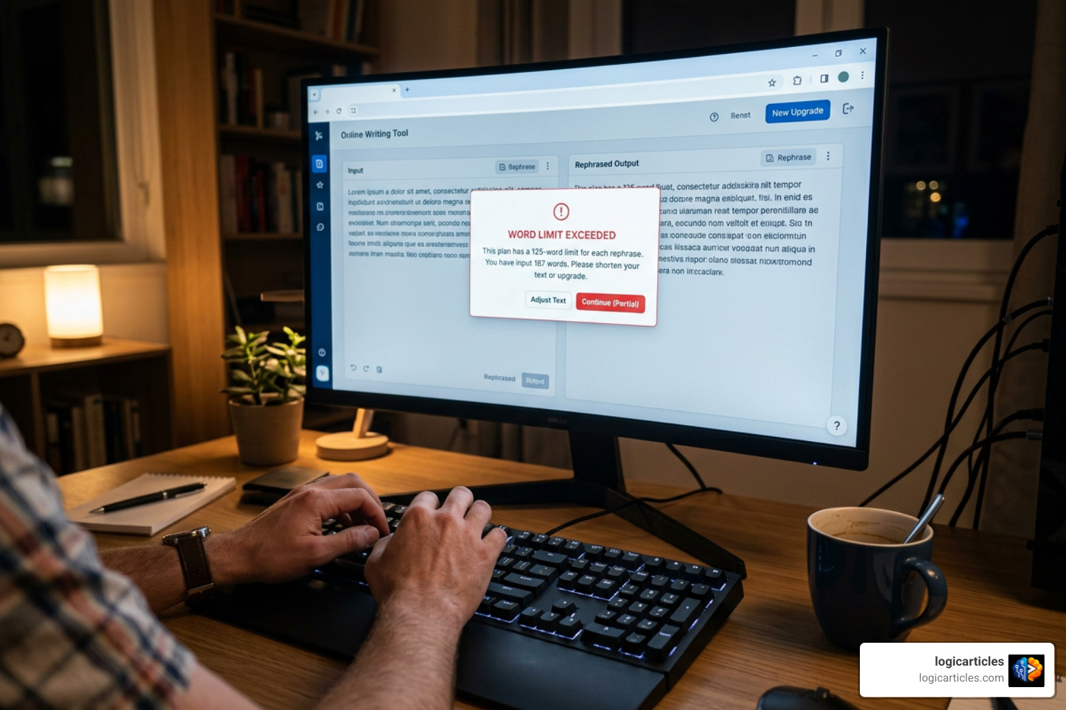 word limit warning modal on QuillBot free plan