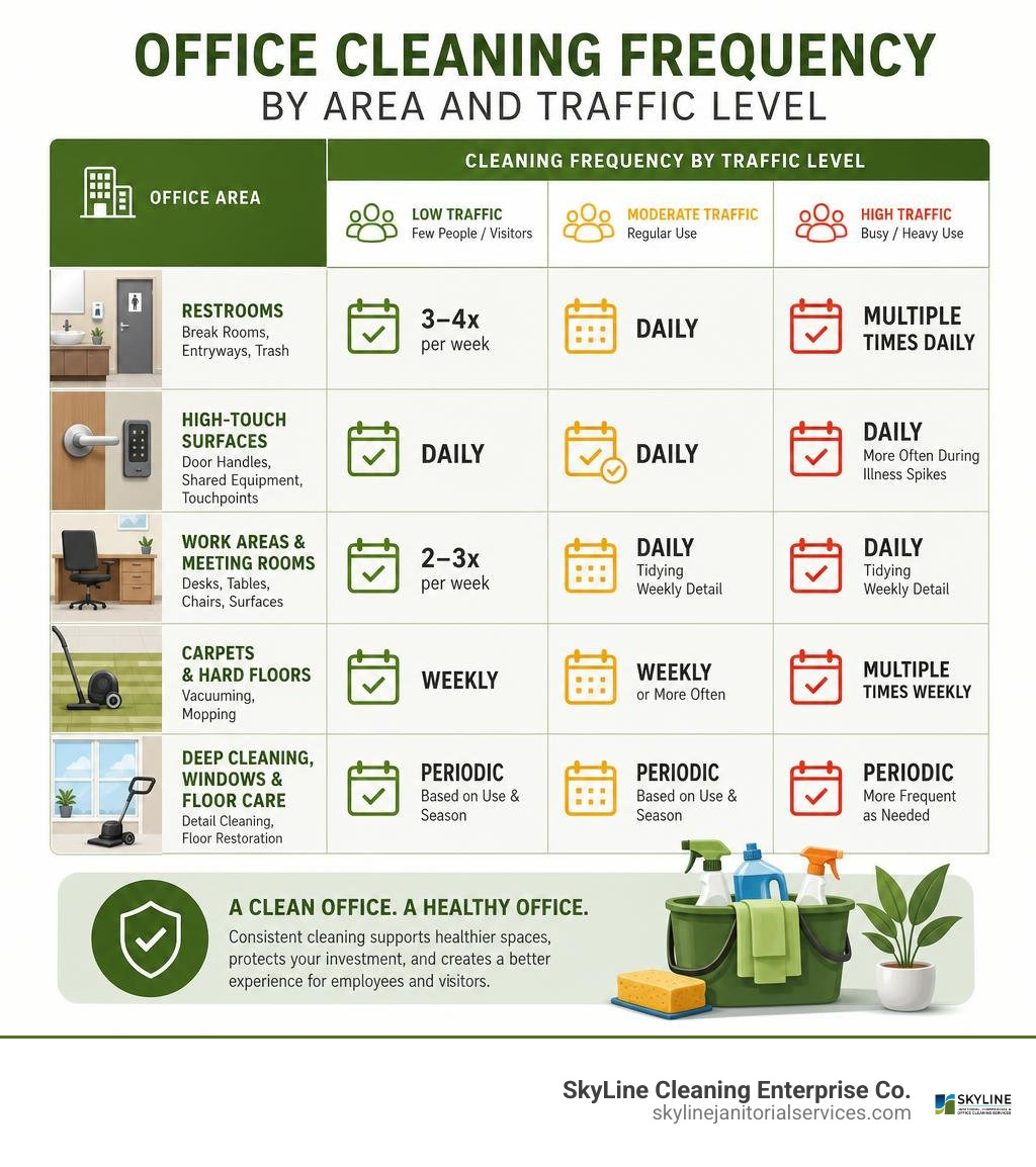 Office cleaning frequency by area and traffic level infographic Office cleaning frequency by area and traffic level infographic