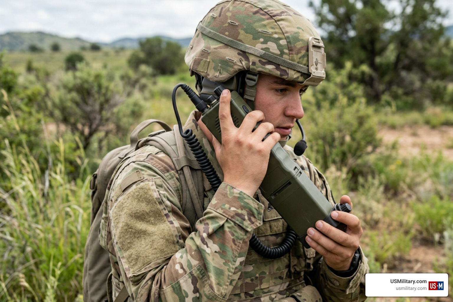 US Army soldier using tactical radio