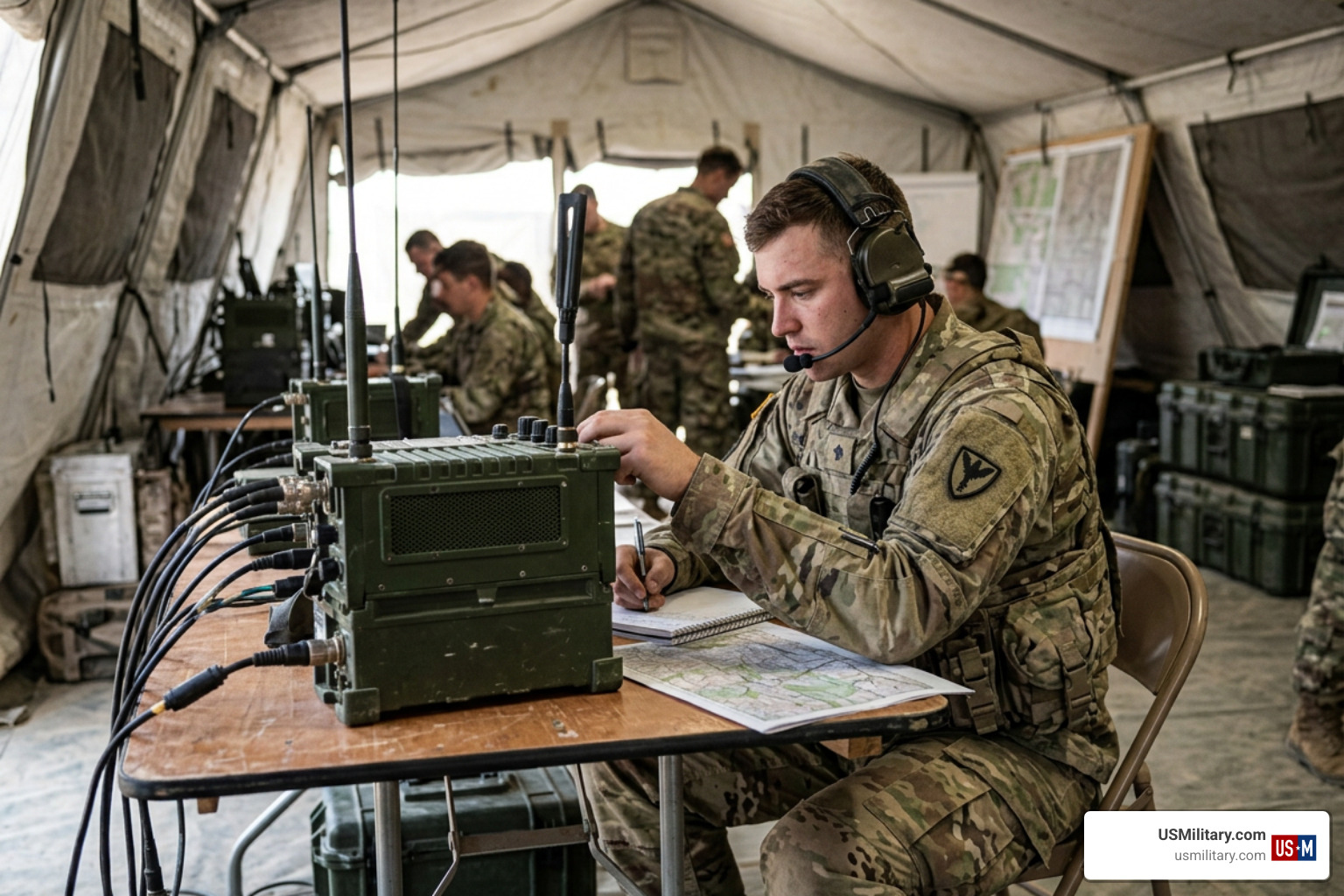 US Army Net Control Station soldier managing combat radio net traffic