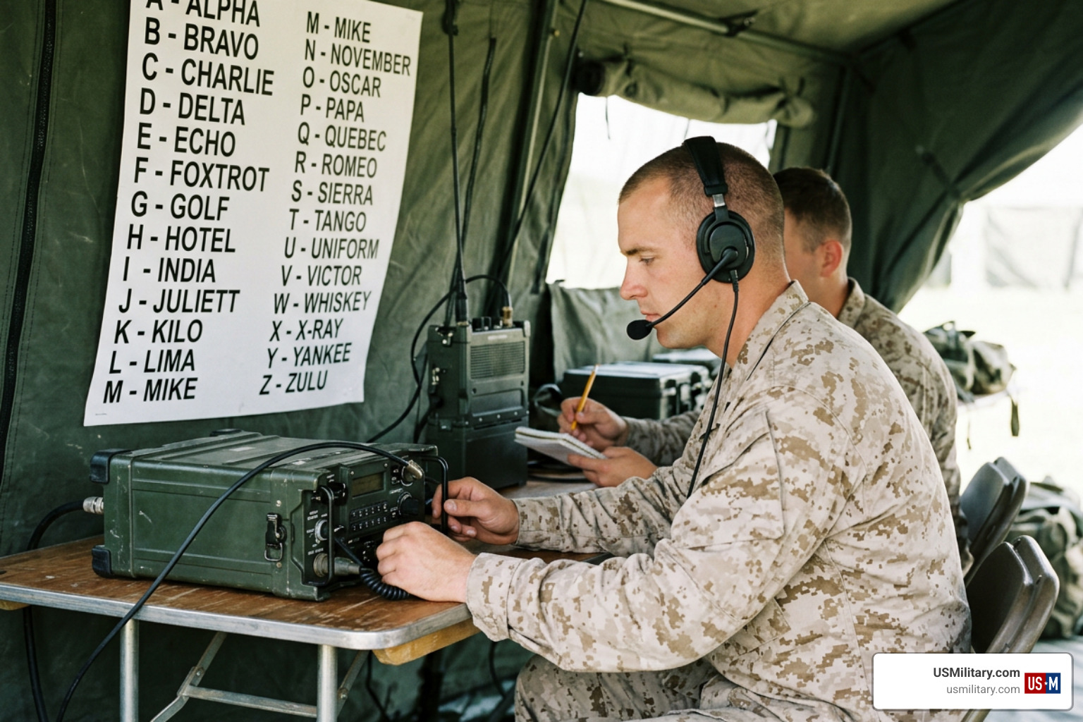 US Army soldier reviewing NATO phonetic alphabet codes