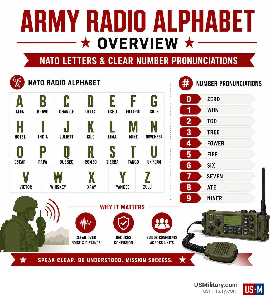 Army radio alphabet overview: NATO letters and clear number pronunciations infographic