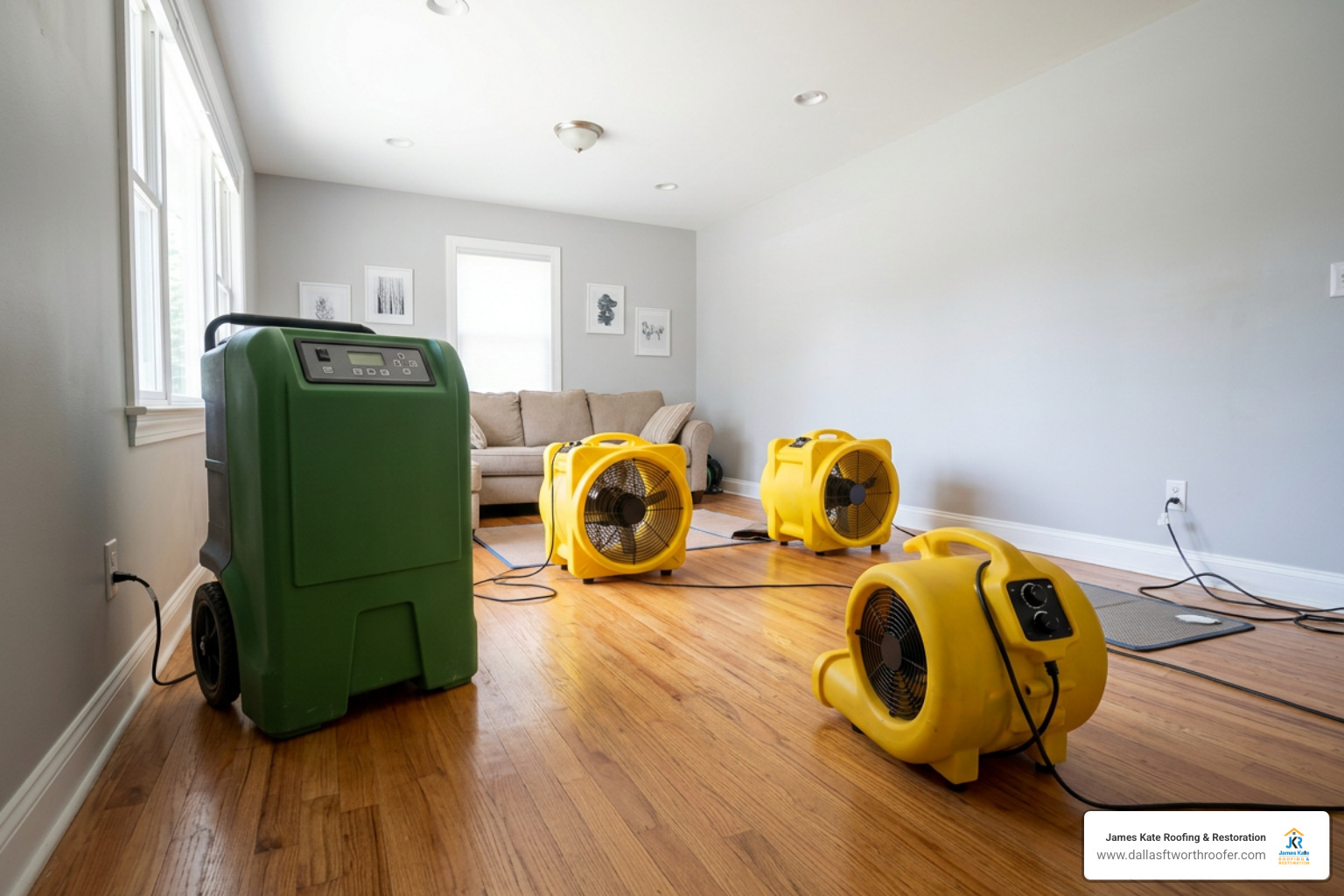Commercial structural drying fans and LGR dehumidifier running indoors Commercial structural drying fans and LGR dehumidifier running indoors