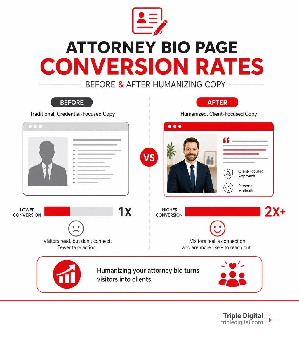 Attorney bio page conversion rates before and after humanizing copy infographic Attorney bio page conversion rates before and after humanizing copy infographic