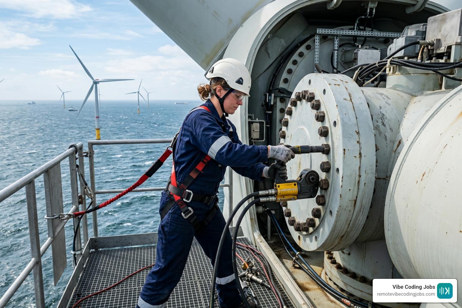 offshore wind turbine technician conducting bolt maintenance