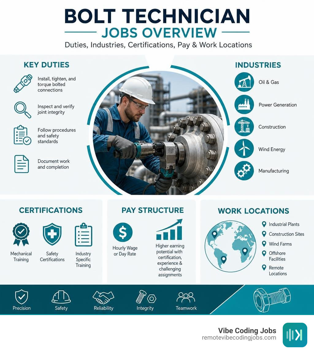 Bolt technician jobs overview: duties, industries, certifications, pay, and work locations infographic
