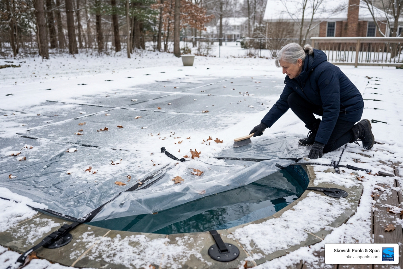 Clear winter pool cover maintenance on a residential swimming pool Clear winter pool cover maintenance on a residential swimming pool