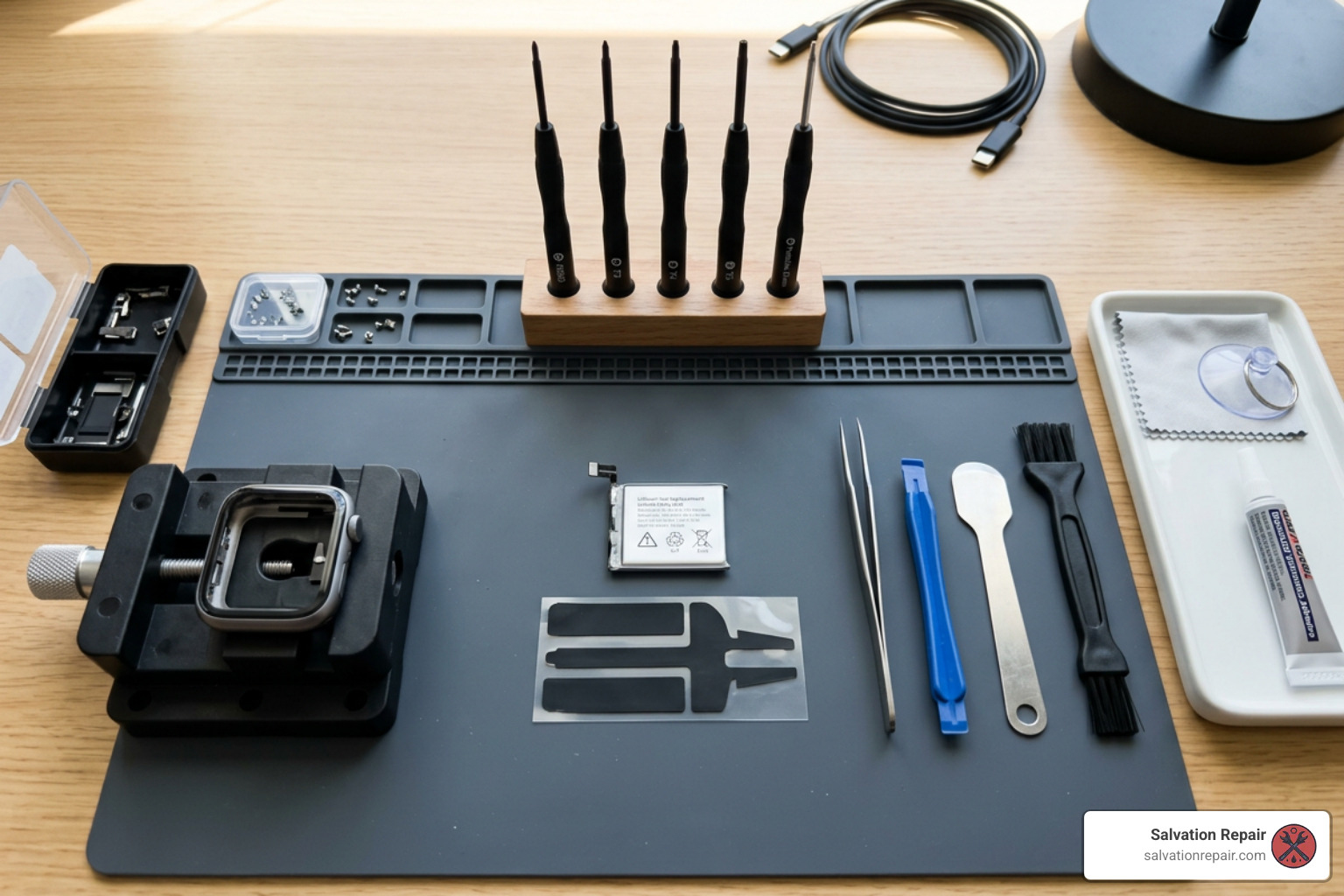 Precision electronic tools and replacement Apple Watch battery kit on a workspace Precision electronic tools and replacement Apple Watch battery kit on a workspace