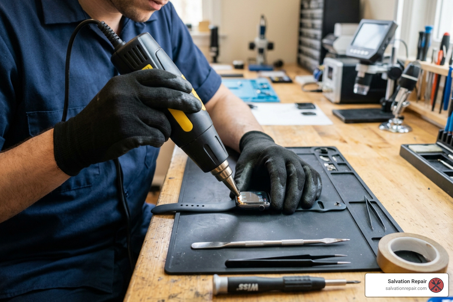 Applying heat around the bezel of an Apple Watch to soften internal display adhesive Applying heat around the bezel of an Apple Watch to soften internal display adhesive