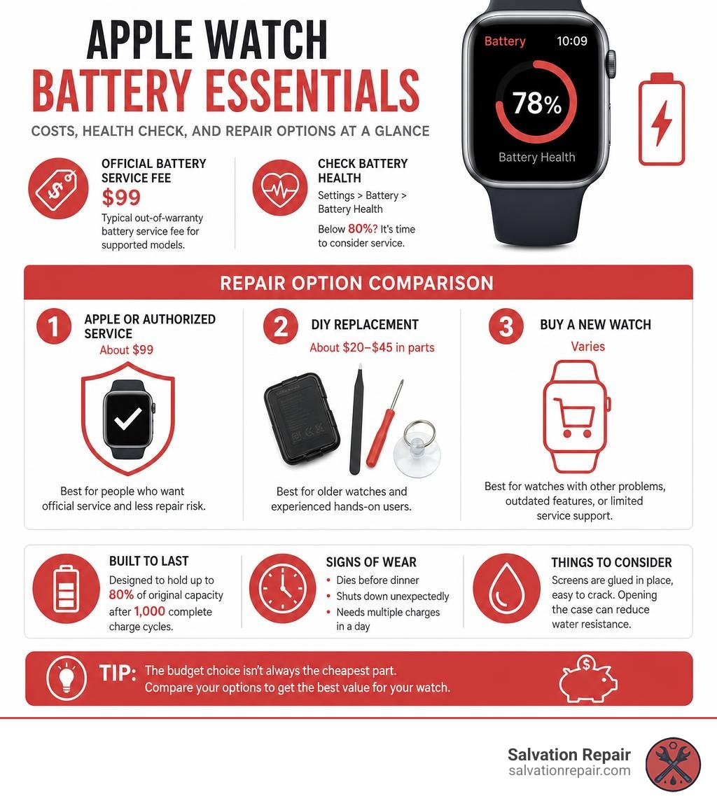 Apple Watch battery replacement cost, battery health, and repair option comparison infographic Apple Watch battery replacement cost, battery health, and repair option comparison infographic