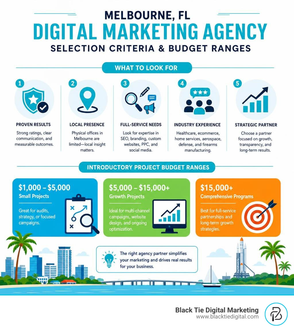 Infographic showing Melbourne FL digital marketing agency selection criteria and budget ranges infographic