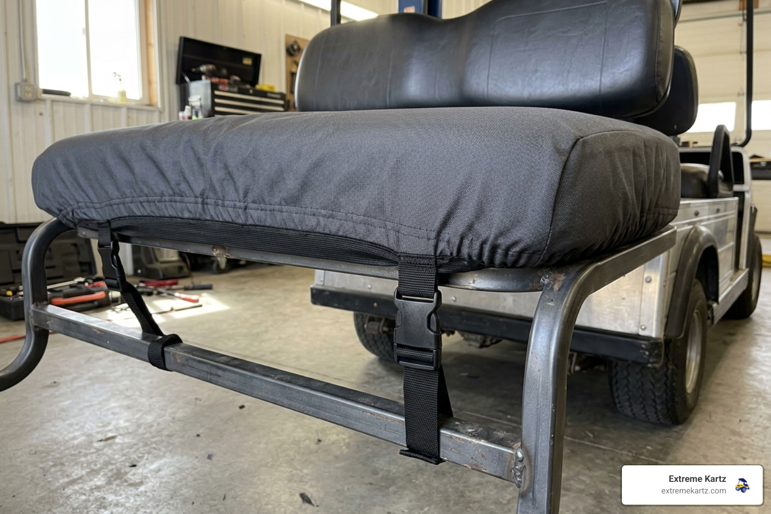 Golf cart seat cover attachment system with secure fitted edges
