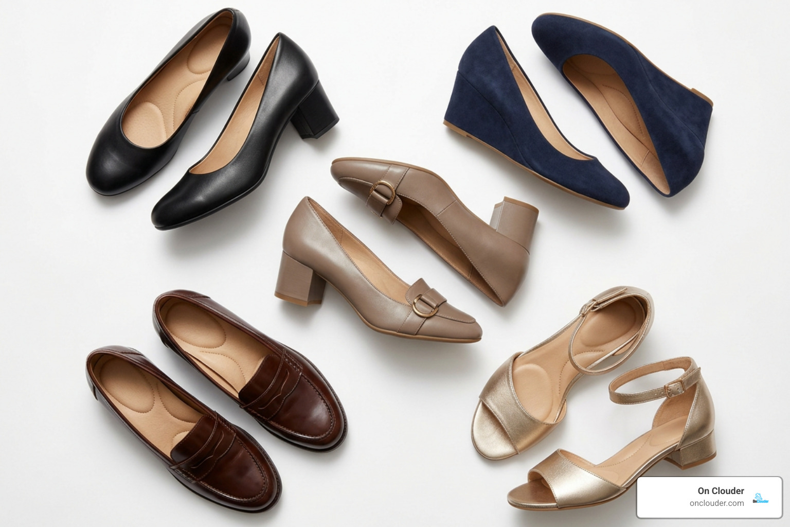 collection of stylish women's arch support dress shoes including pumps wedges block heels loafers and dress sandals