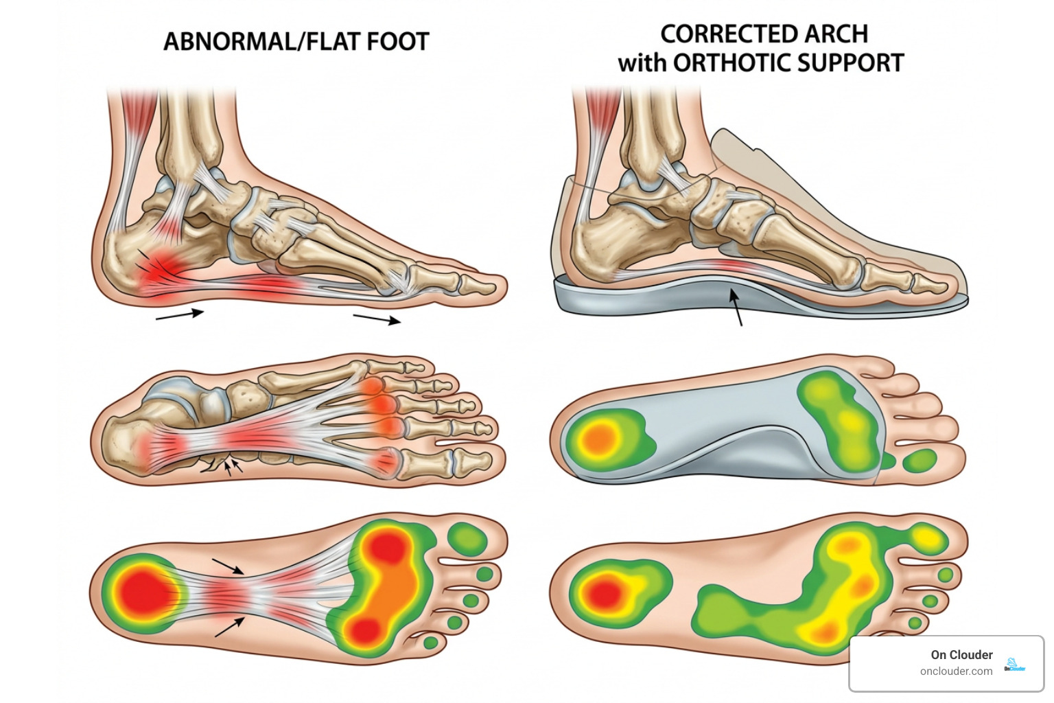 Anatomical diagram of foot arch showing pressure points plantar fascia alignment and orthotic arch support correction