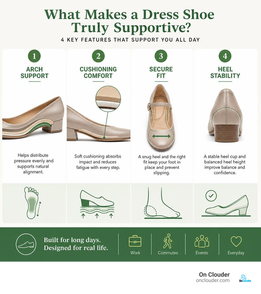Infographic comparing supportive dress shoe features: arch, cushioning, fit, and heel stability infographic