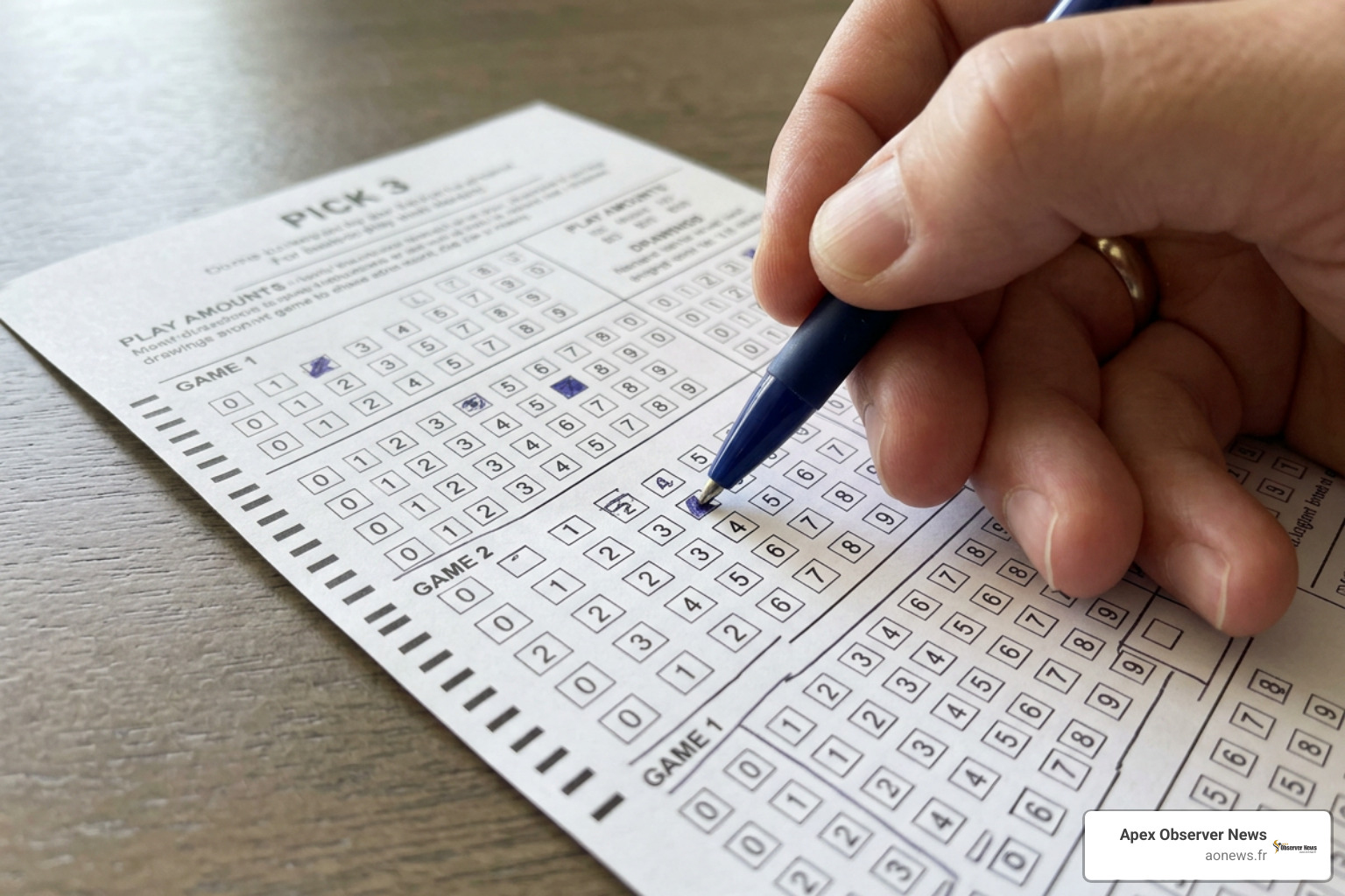 Player marking numbers on a PA Pick 3 play slip