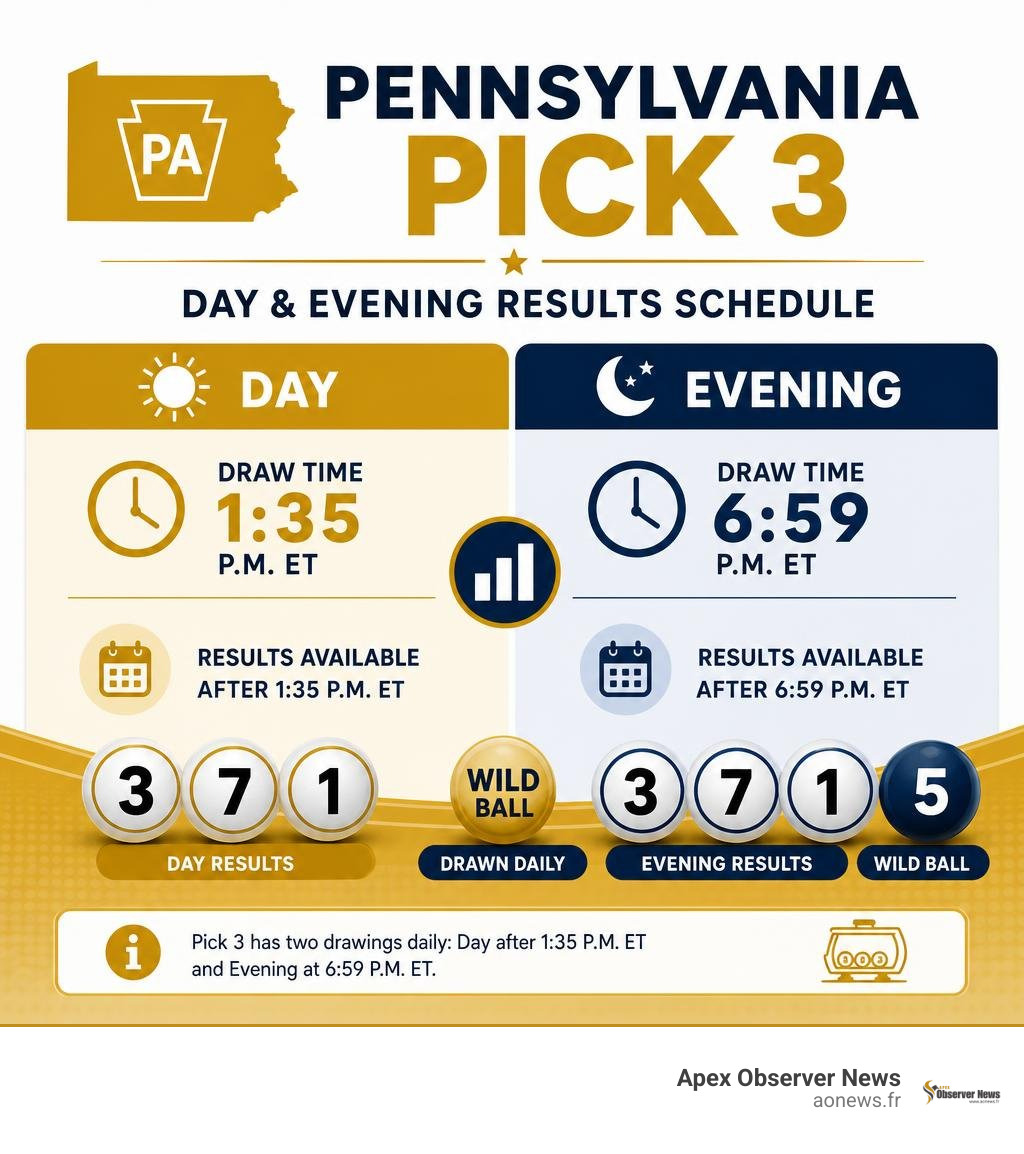 Pennsylvania Pick 3 Day and Evening results schedule infographic