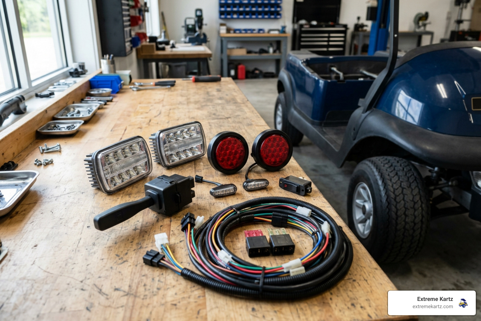 Golf cart light kit components with wiring harness and LED lights Golf cart light kit components with wiring harness and LED lights
